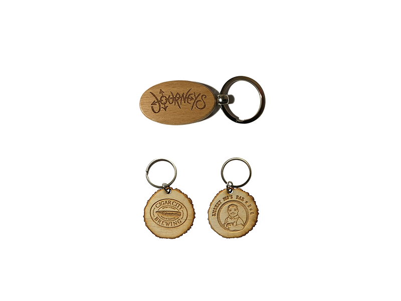 Custom log keychains made from Birchwood select round, square