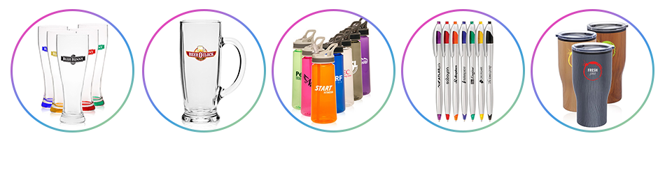 Drinking glasses, mugs, bottles, pens, and travel mugs skus