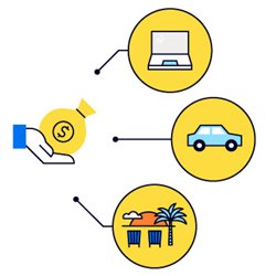 Image of a laptop, car and palm tree pointing to a bag of money