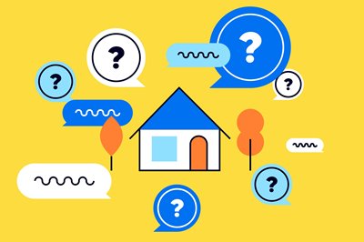 Illustration of a house with many chat and question bubbles surrounding it