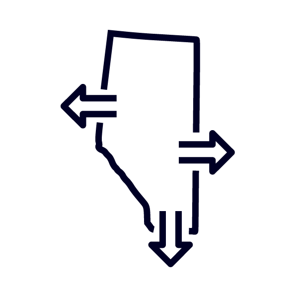 icon of Alberta with arrows going to the West, East and South