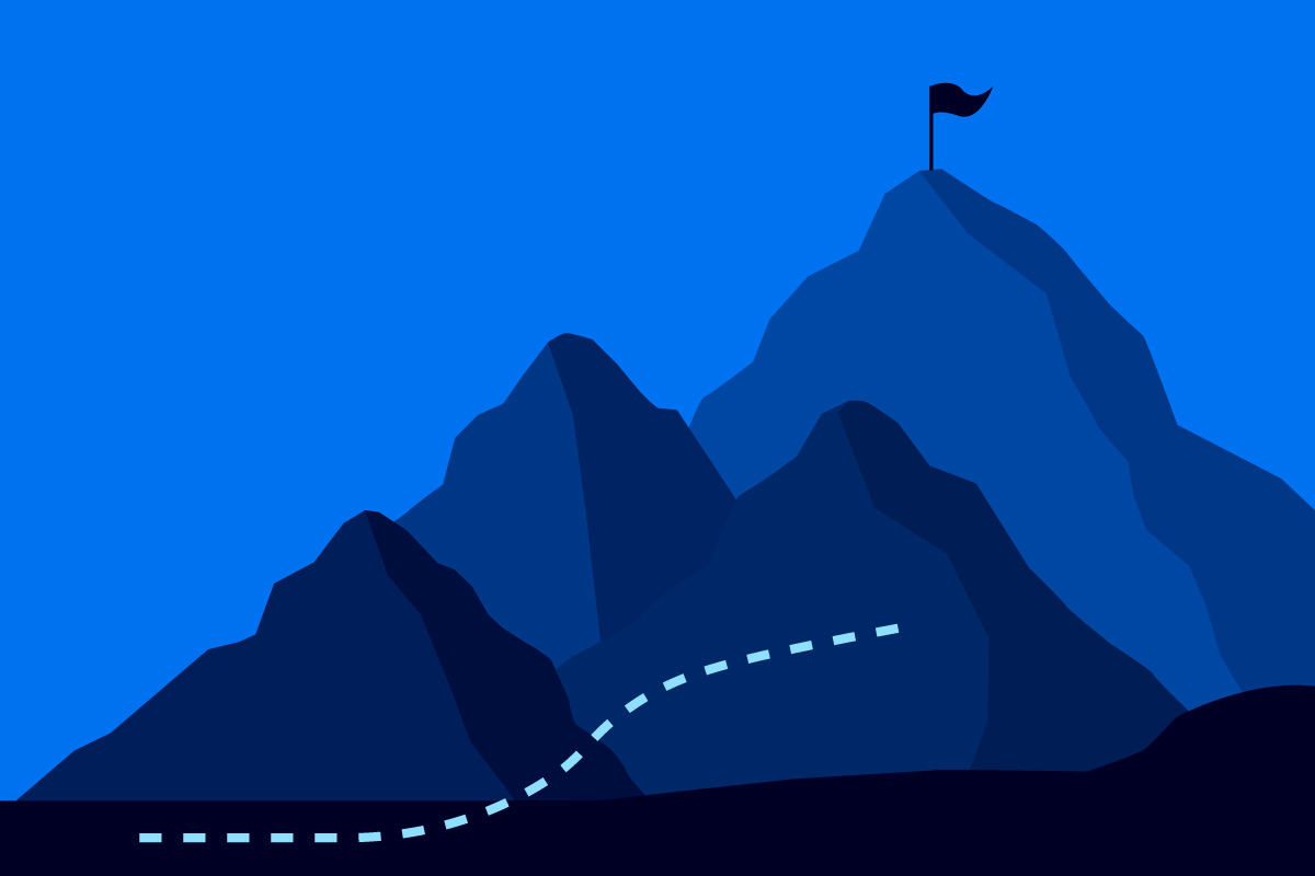 Illustrated silhouette of four mountains and a flag at the top of the highest