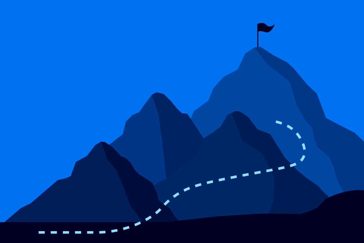 Illustrated silhouette of four mountains and a flag at the top of the highest