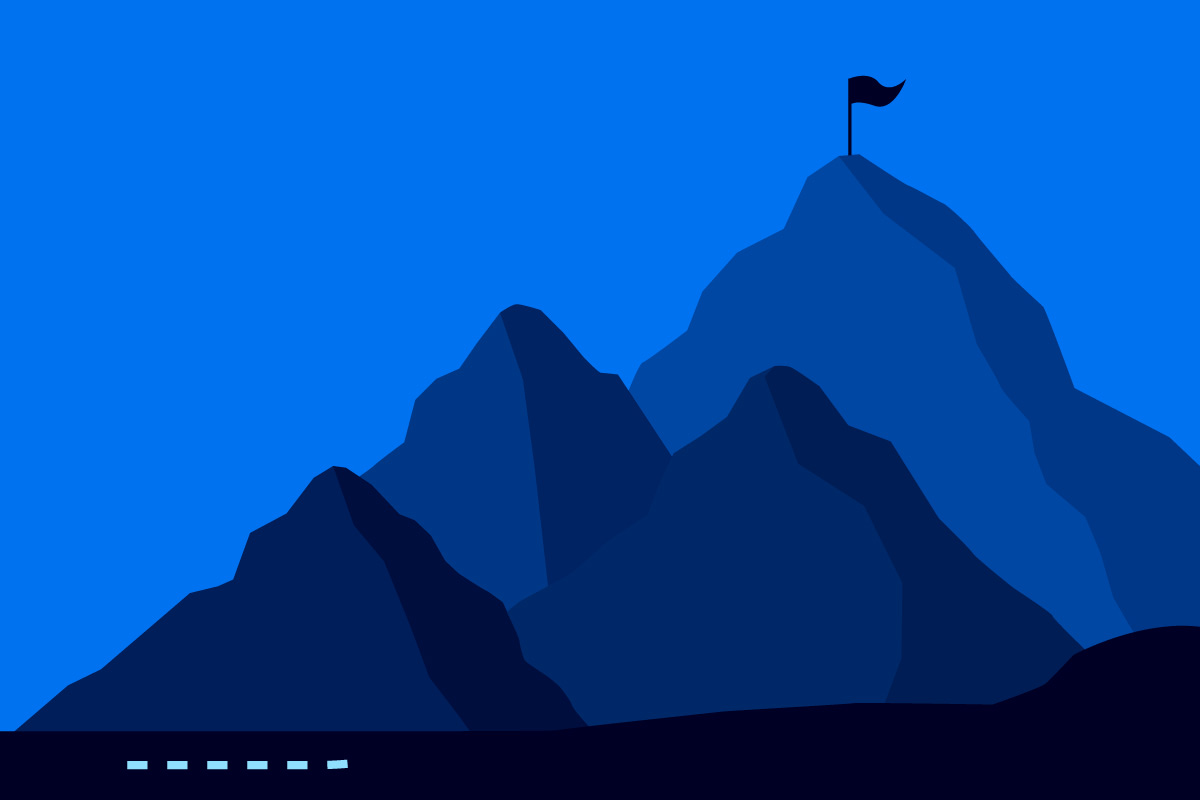 Illustrated silhouette of four mountains and a flag at the top of the highest