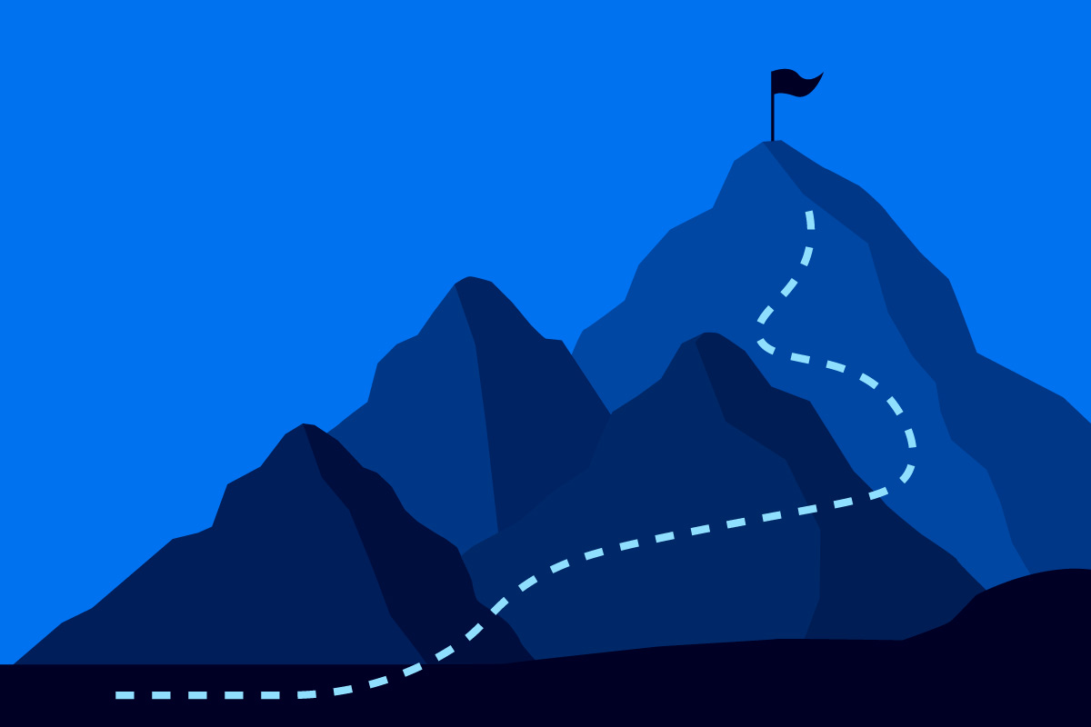 Illustrated silhouette of four mountains and a flag at the top of the highest