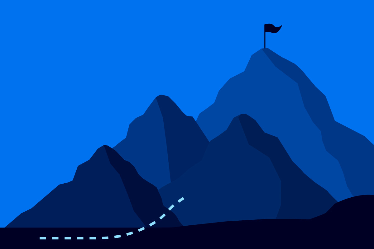 Illustrated silhouette of four mountains and a flag at the top of the highest