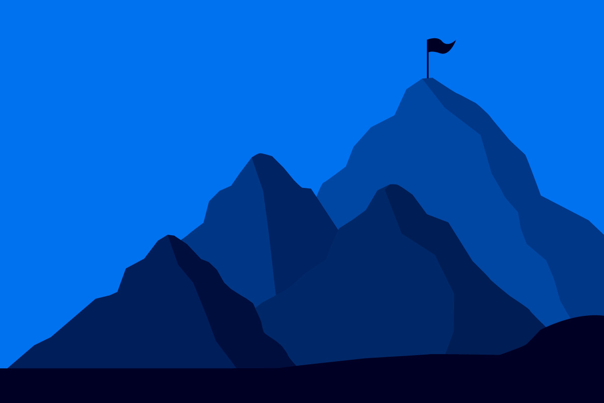 Illustrated silhouette of four mountains and a flag at the top of the highest