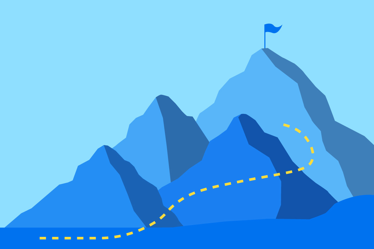 Illustration of four mountains and a flag at the top of the highest