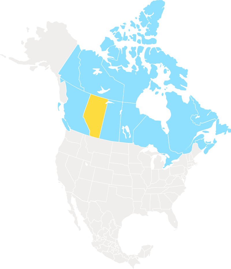 Map of Canada, US, Mexico. Canada is highlighted in blue and Alberta highlighted in yellow.