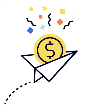 Illustration of a paper airplane carrying a coin, with confetti above the coin