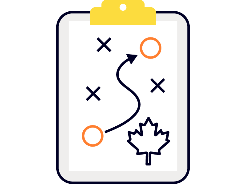 Illustration of a clipboard with arrows, circles, X marks to indicate a sports play. Maple leaf in the corner.