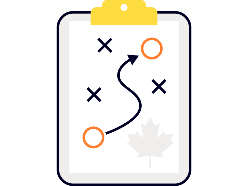 Illustration of a clipboard with arrows, circles, X marks to indicate a sports play. Maple leaf in the corner.