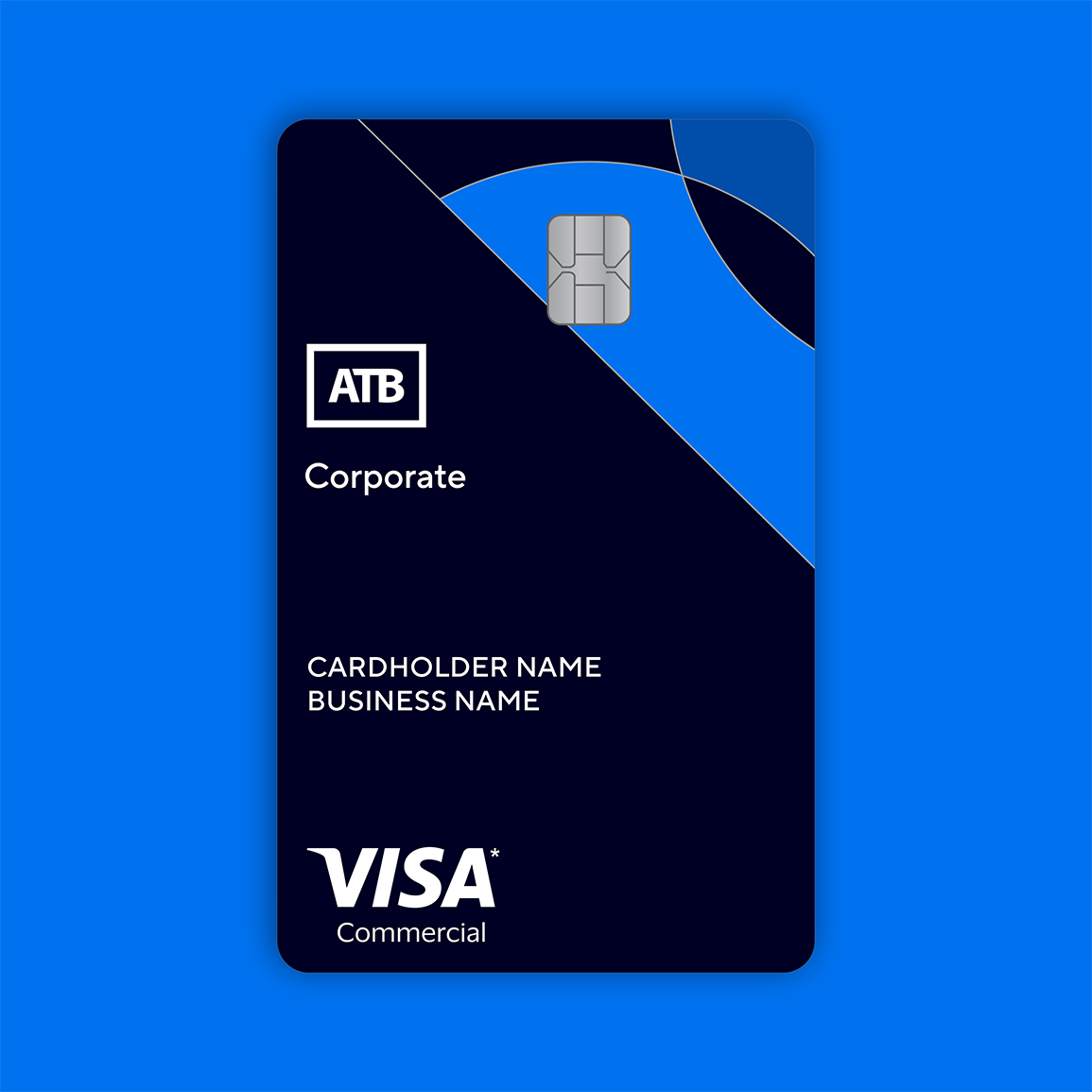Image of a blue and black VISA corporate commercial credit card with the ATB logo.