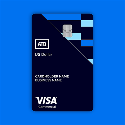 Image of a blue and black VISA US dollar commercial credit card with the ATB logo.
