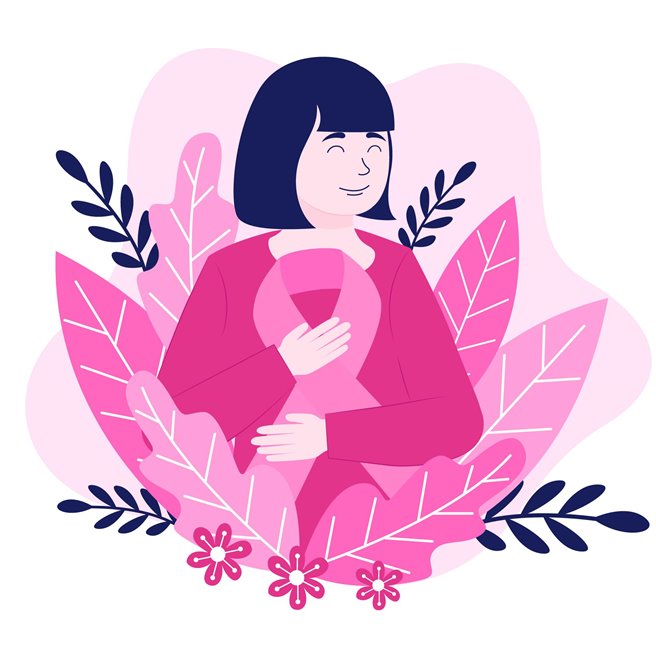 Desenho de mulher segurando o símbolo do Outubro Rosa