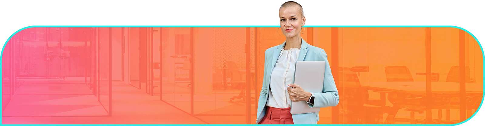 Professional woman in red pants and light blue blazer holding a tablet