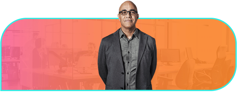 Bright pink to orange gradient background with office overlay and a woman in a red blazer holding a tablet