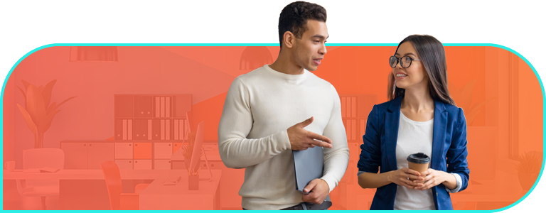 Bright pink to orange gradient background with office overlay and a woman in a red blazer holding a  tablet