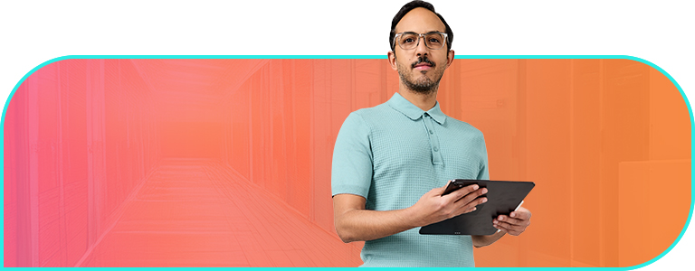 Bright pink to orange gradient background with office overlay and a woman in a red blazer holding a tablet