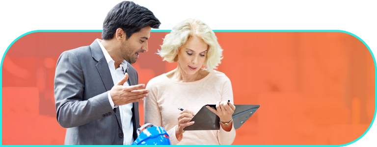 Bright pink to orange gradient background with office overlay and a woman in a red blazer holding a  tablet