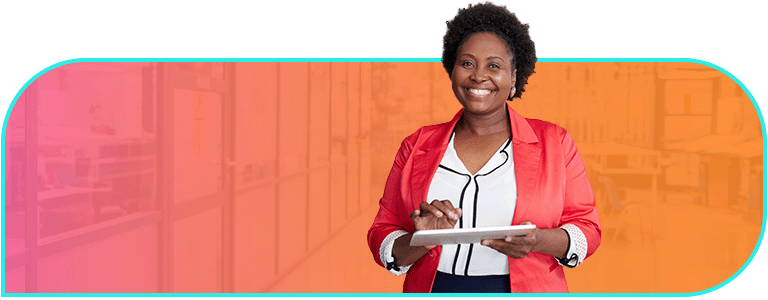 Bright pink to orange gradient background with office overlay and a woman in a red blazer holding a tablet