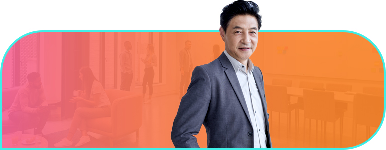 Bright pink to orange gradient background with office overlay and a woman in a red blazer holding a tablet