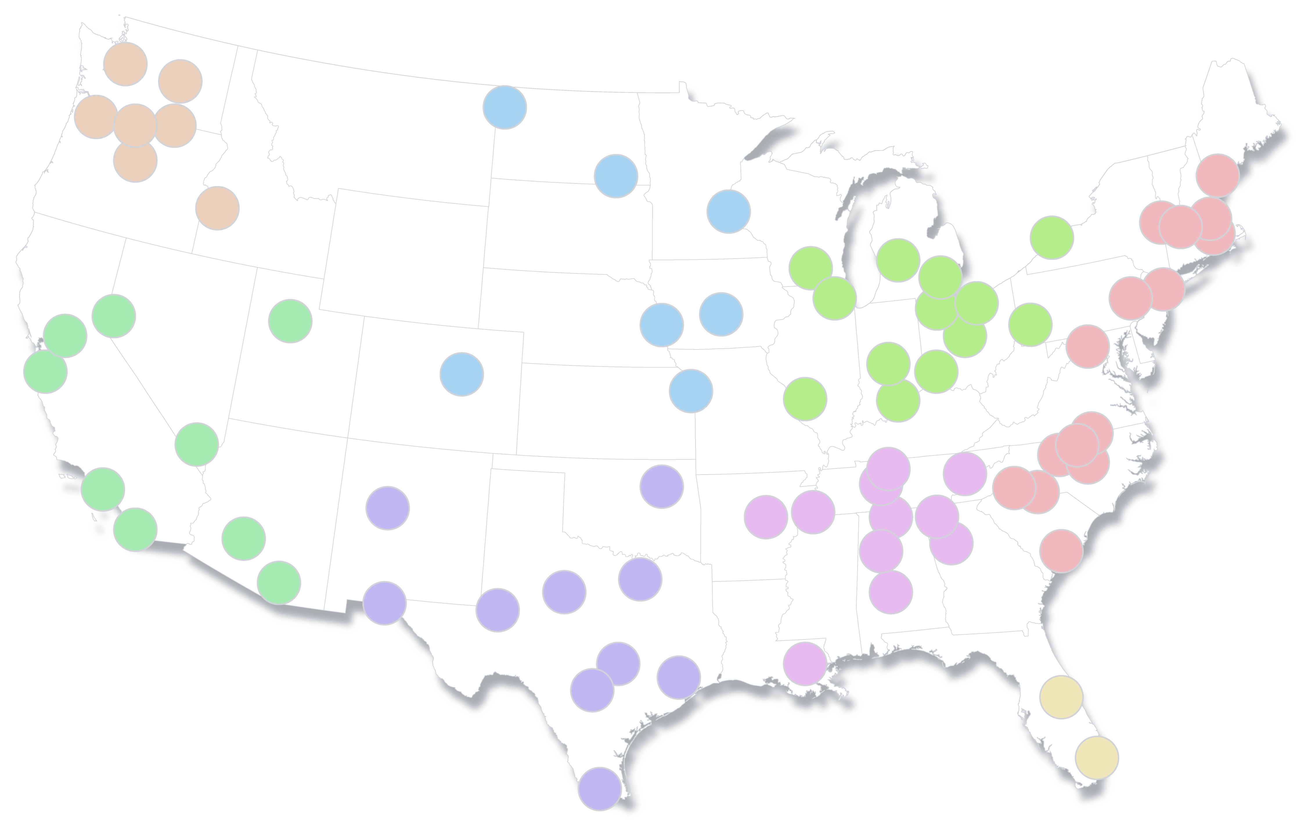 A map of the United States with colored dots representing data points distributed across the country. The dots are grouped by color: tan in the Pacific Northwest, green along the West Coast and Midwest, blue in the central states, purple in the South, pink in the Northeast and Southeast and yellow in Florida.