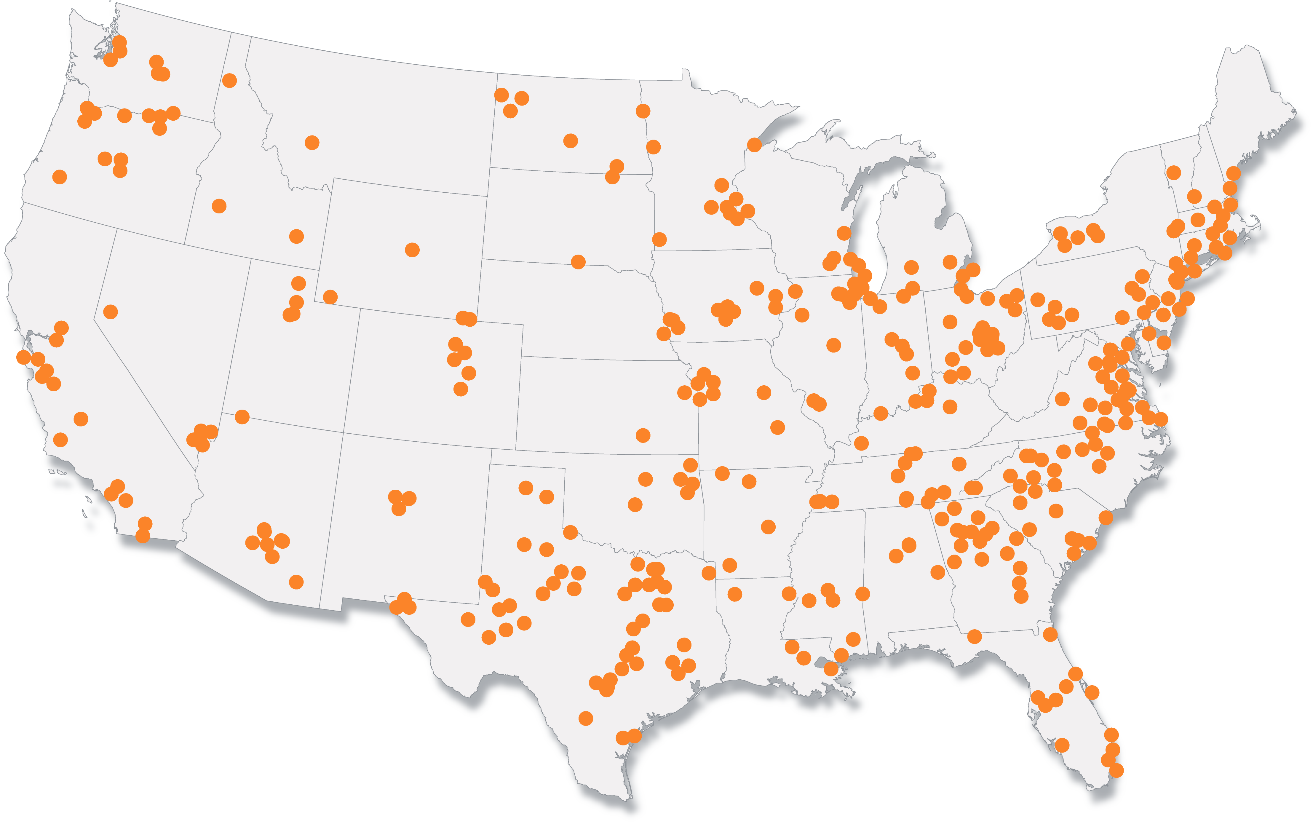 A map of the United States showing the data center market in 2020 and a second map showing projected growth in data center locations by 2030, with orange dots representing new centers. 