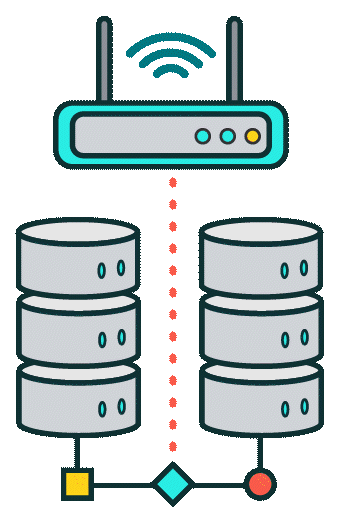 Illustration of a network featuring a wireless router with signal icon at the top connected by a dotted orange line to two vertical stacks of database servers linked at the bottom by a line with geometric nodes, symbolizing high-speed, scalable and interconnected cloud infrastructure.