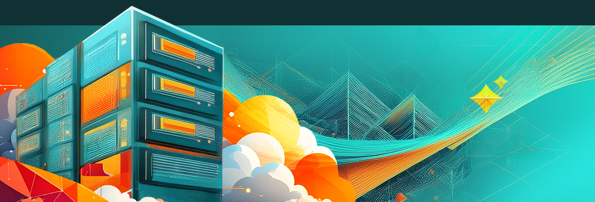 Abstract illustration of modern data center servers on the left with vibrant orange and white clouds, and a sweeping teal and orange digital wave flowing to the right. Represents high-speed connectivity, scalable cloud infrastructure and next-generation data center solutions for Cloud 2.0.