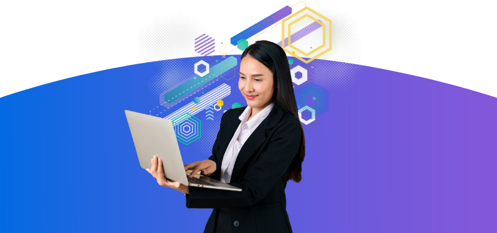 a young woman is using a laptop computer in front of a purple background.