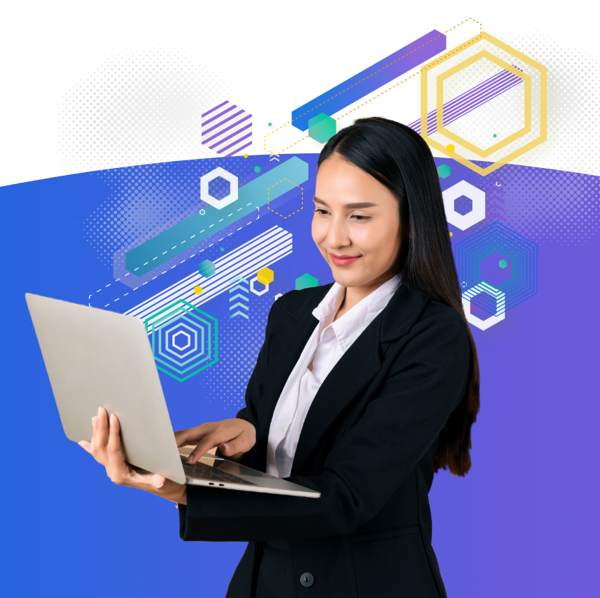 a young woman is using a laptop computer in front of a purple background.