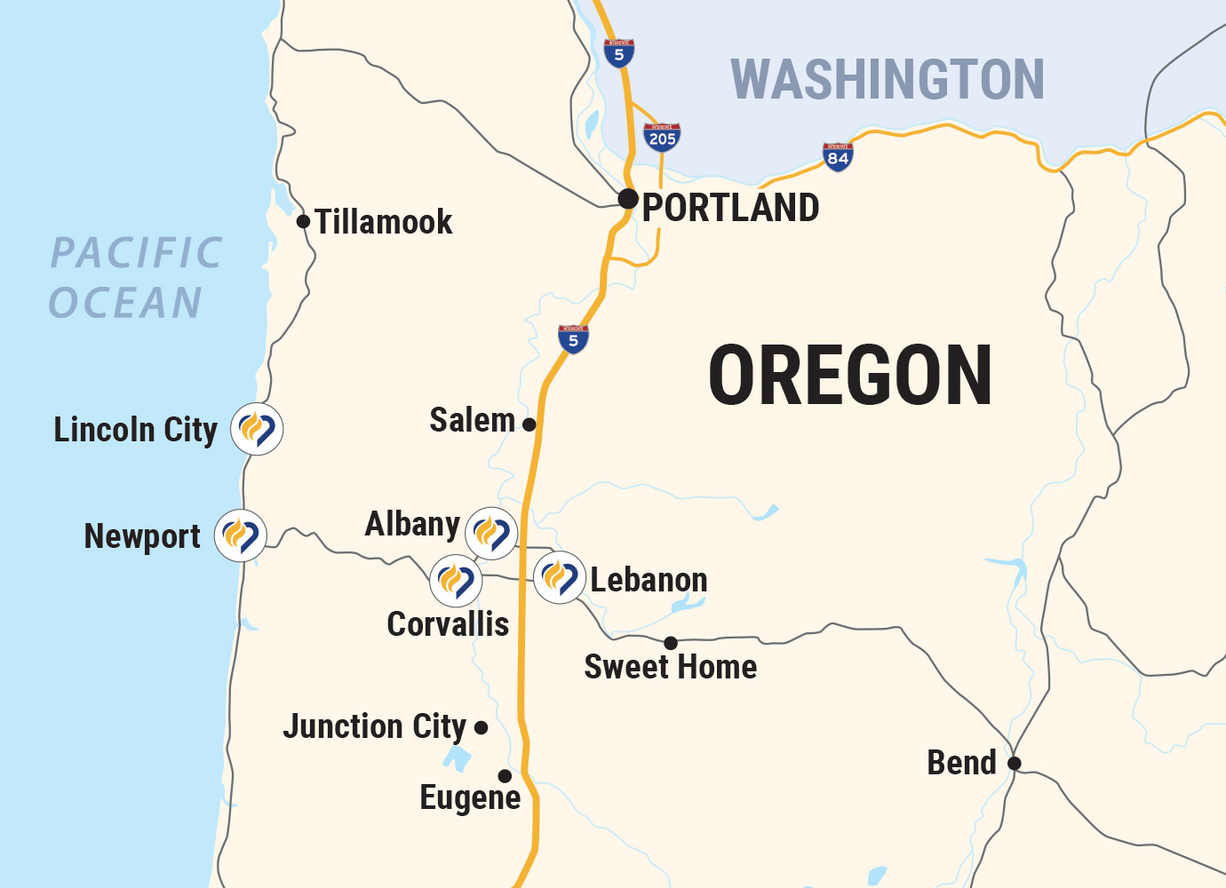 Map of Oregon with Samaritan Health Services locations