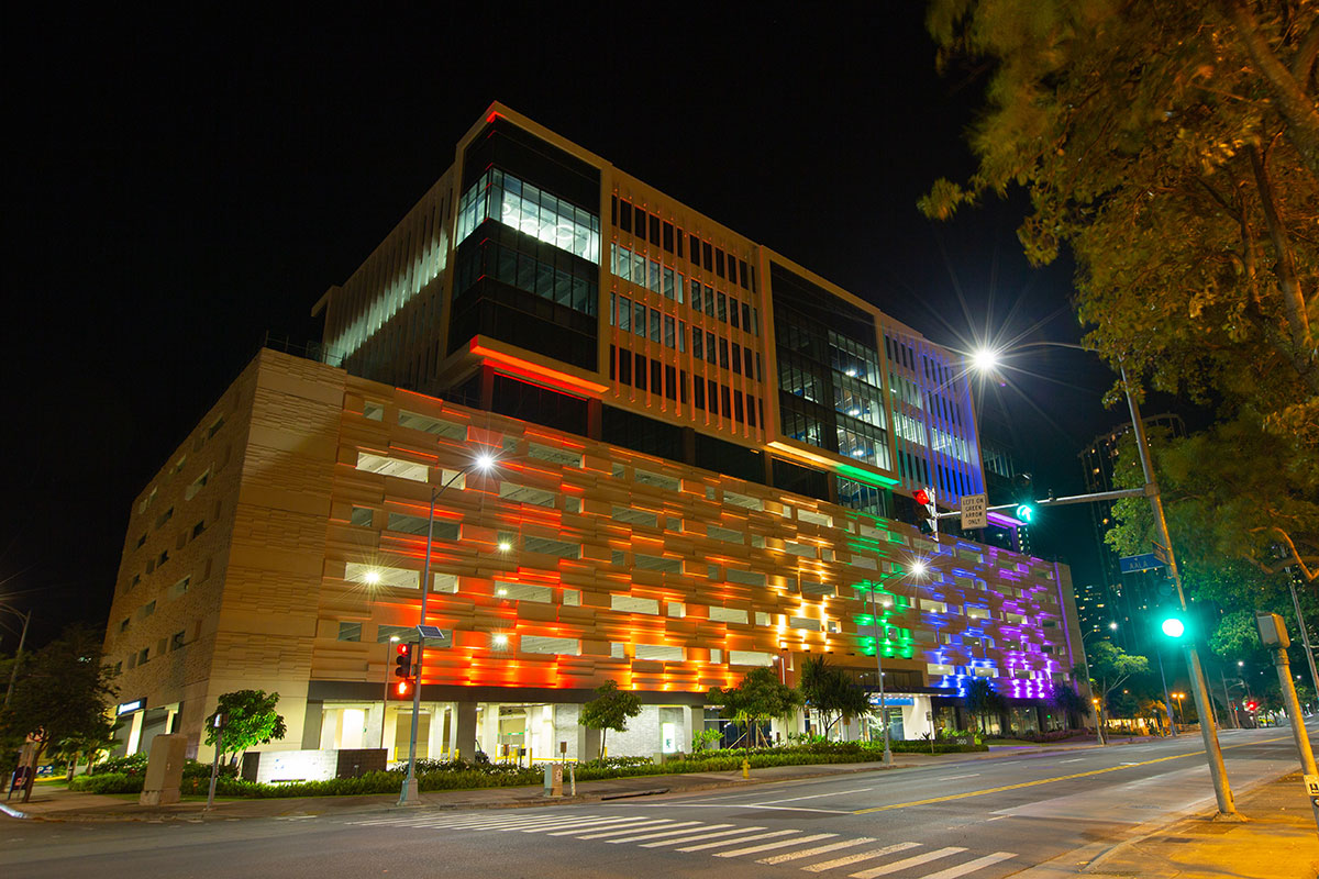 ASB Pride Lights (Rainbow) on Campus Building