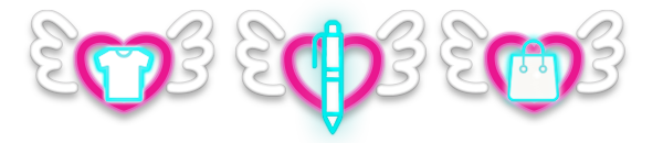 Flying heart with shirt, pen, and bag icons