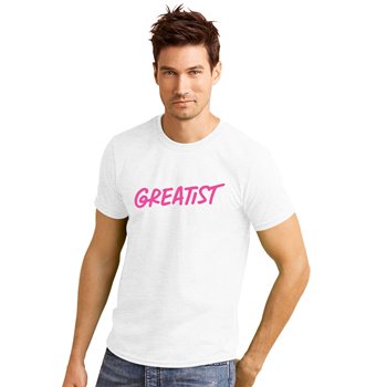 White male model wearing white t-shirt with pink 'GREATiST' logo