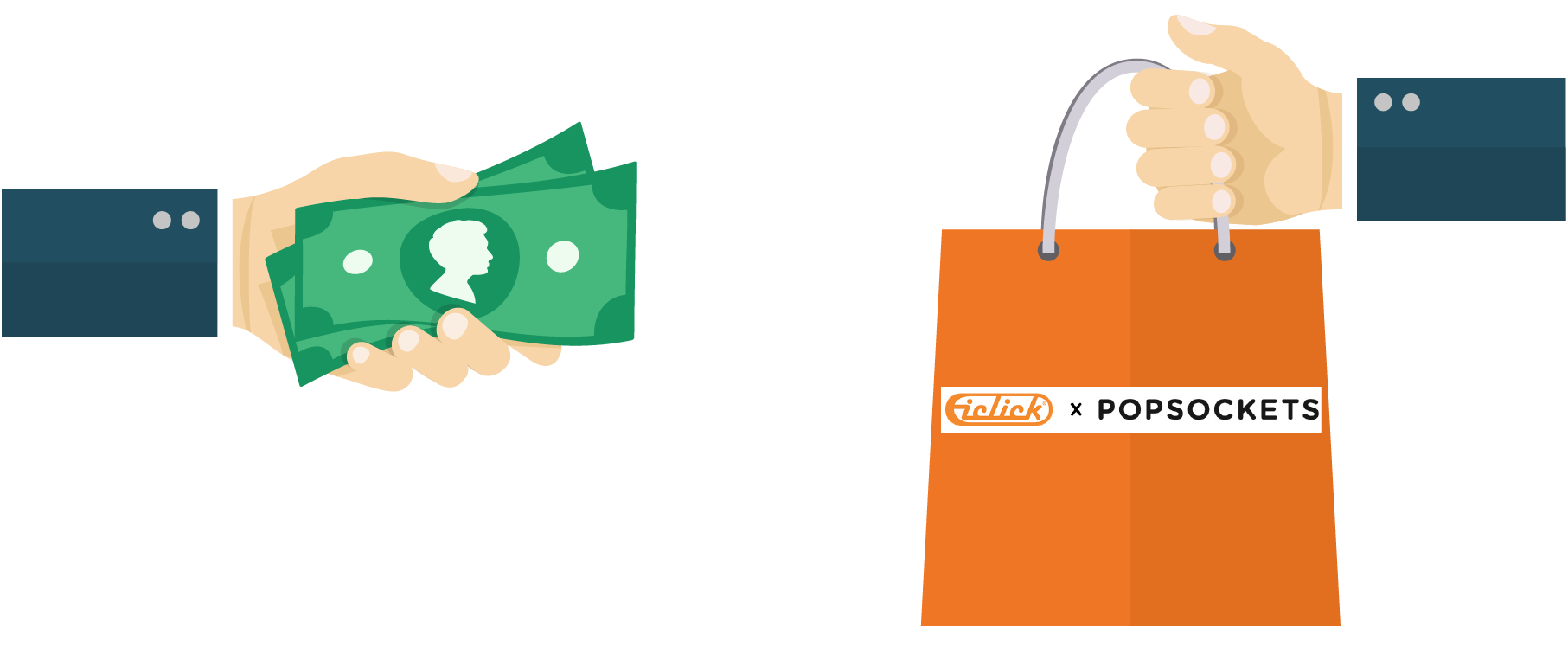 hand holding money, hand holding bag