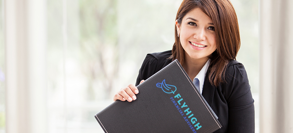 White young woman with banking portfolio in hand