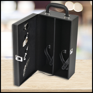 4Pc Wine Set in a Black Leatherette Case W/ 2 Bottle Support (KG0016)