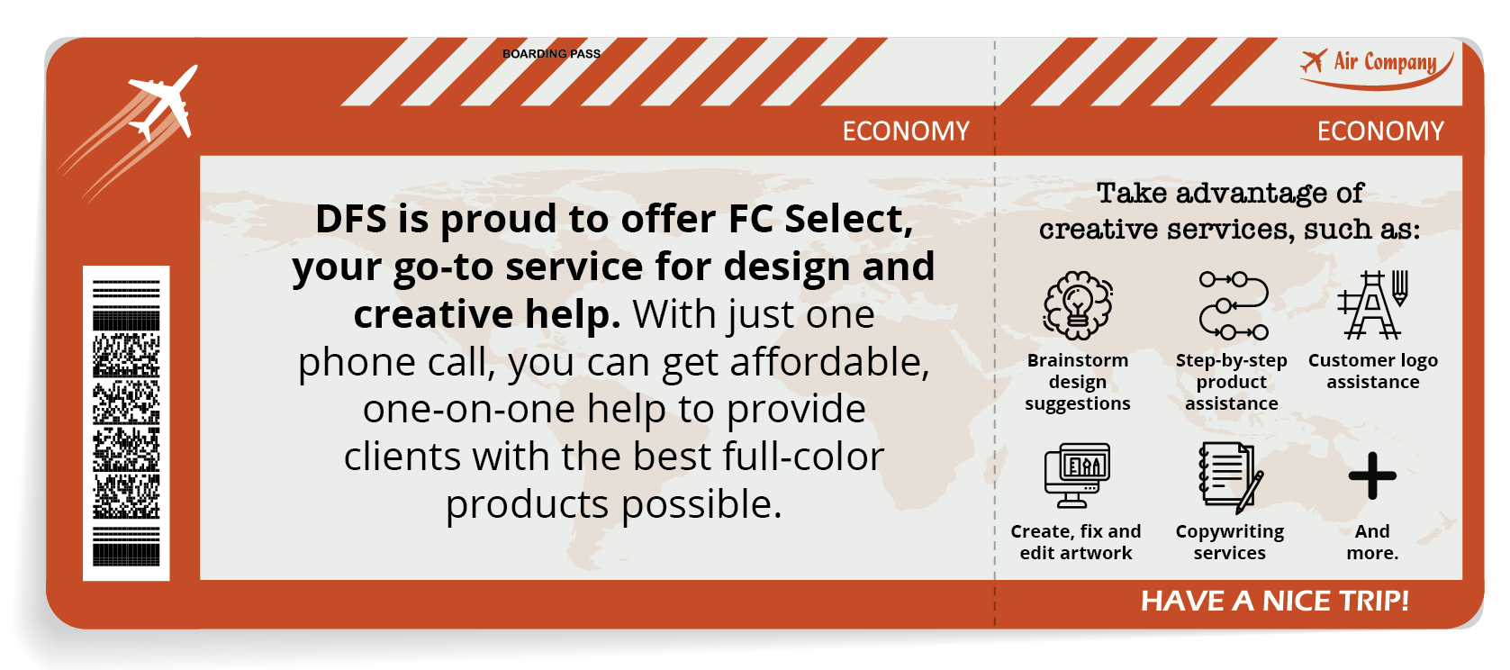 Boarding pass with the list of creative services through DFS