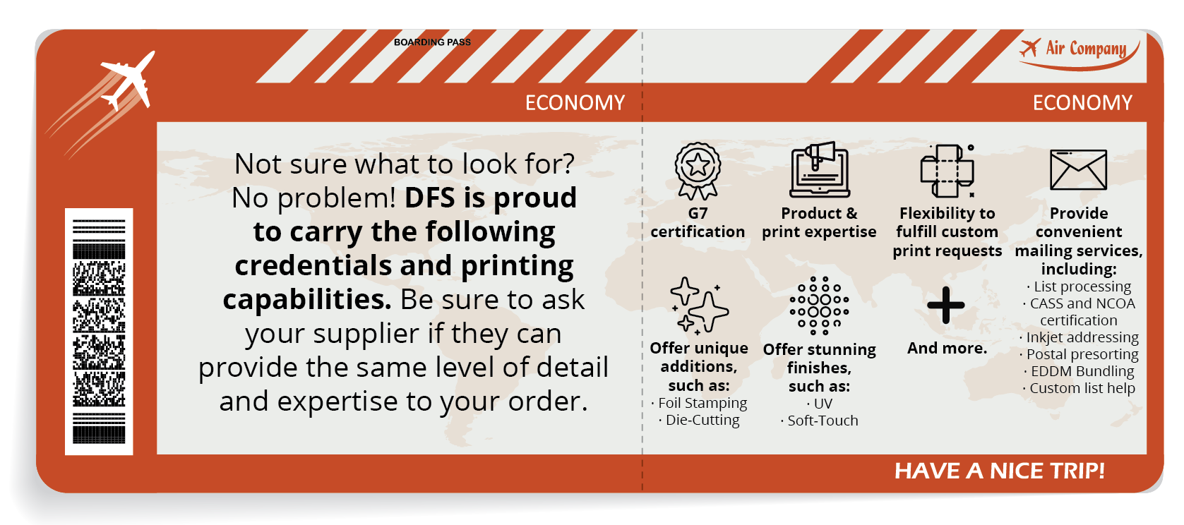 Boarding pass with DFS's printing capabilities and credentials