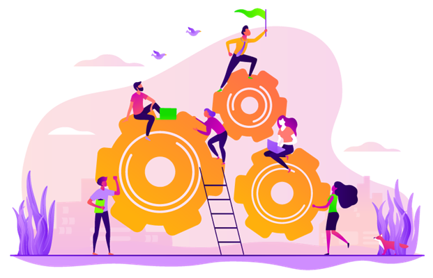 Illustration of people working on gears, to imply innovation in tools and technology