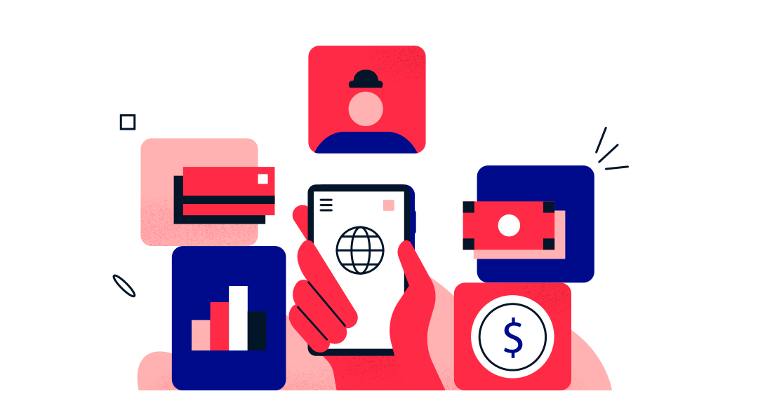 Red hand holding phone surrounded by credit card, money, graph, and person icons