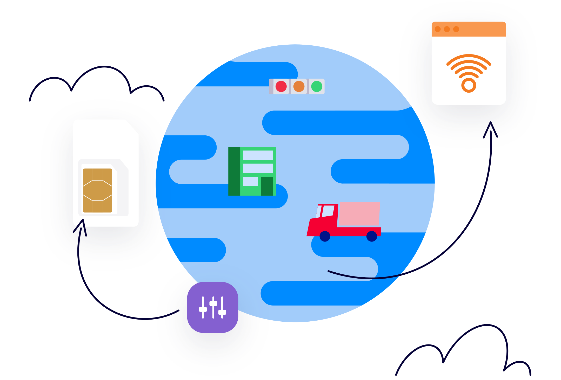 Blue globe illustration with multiple symbols in and around it