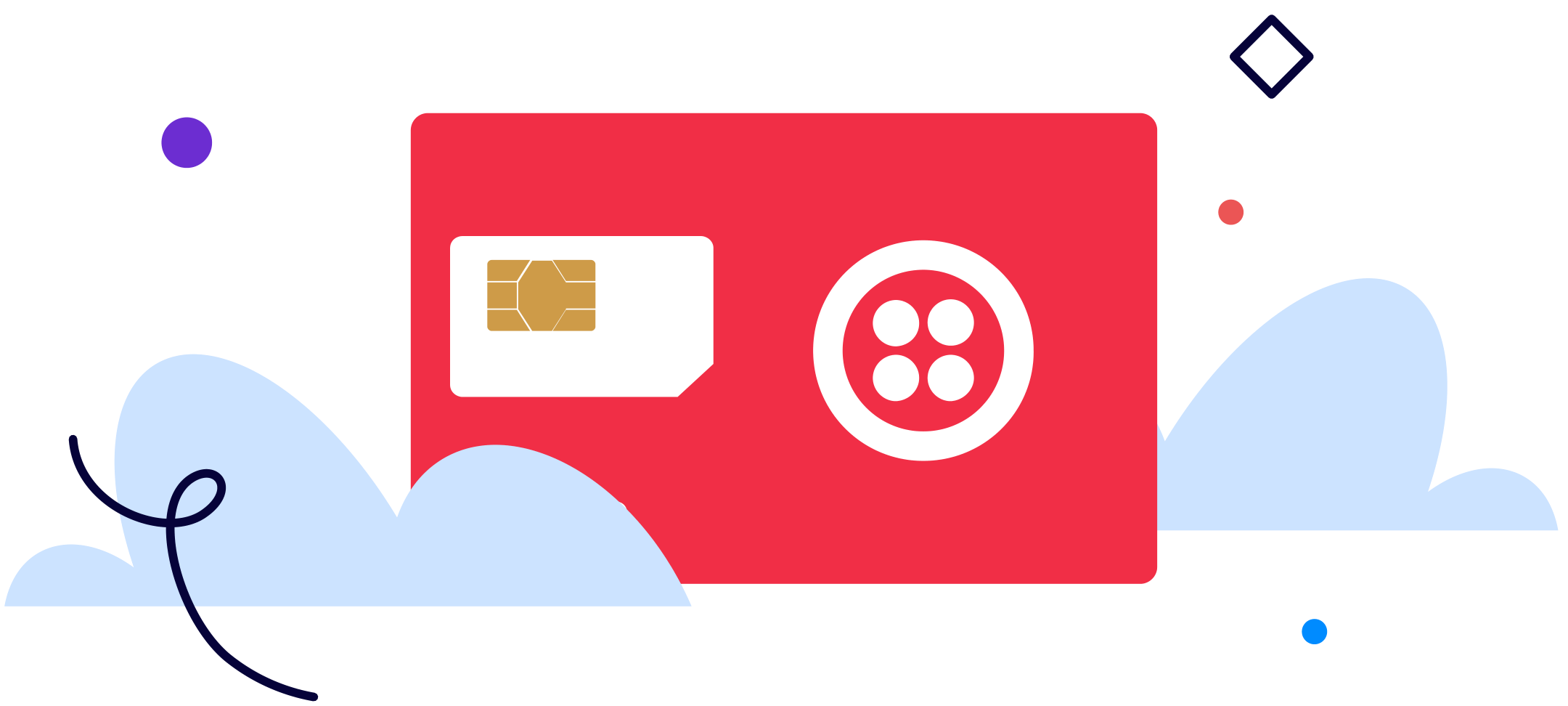 Red Twilio Super Sim Card with cloud illustrations surrounding it