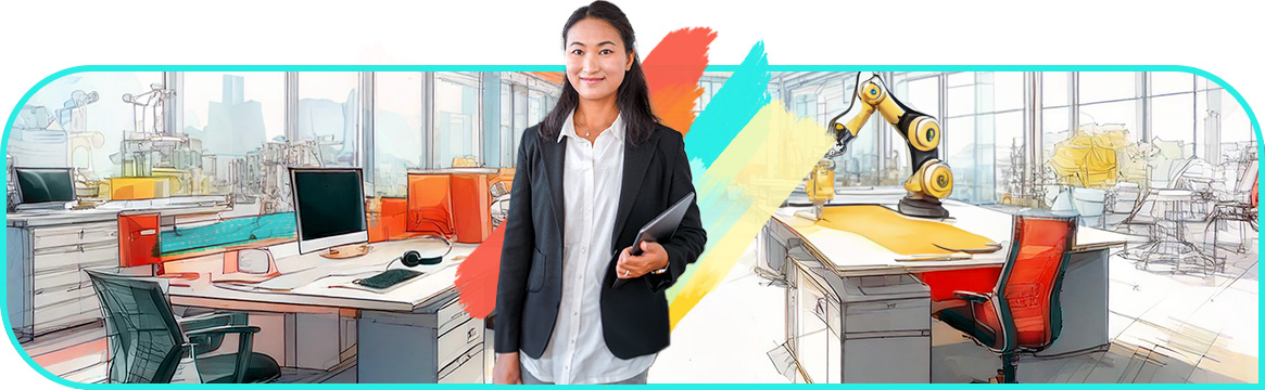 woman holding laptop in abstract office