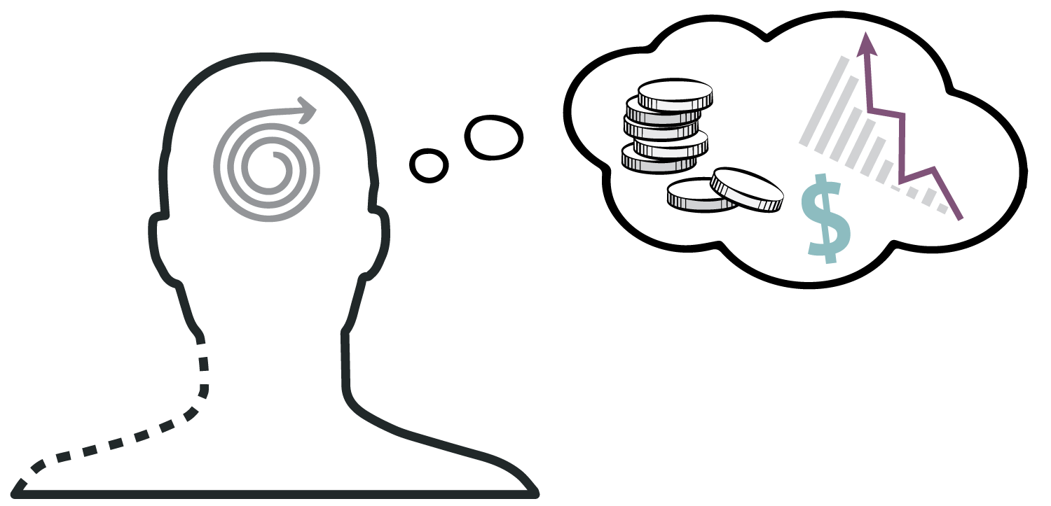 Line art image of person thinking about maths and accounting