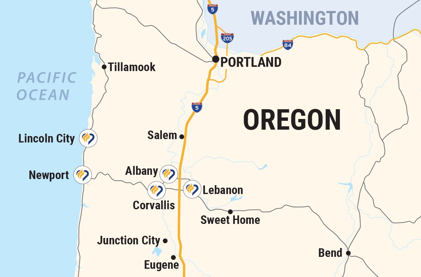 Map of Oregon with Samaritan Health Services locations