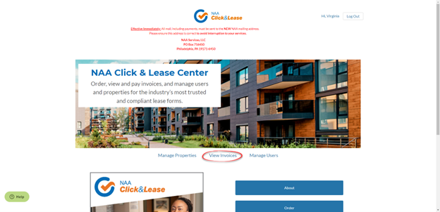Access an invoice in the Click & Lease Center Screenshot of the NAA Click & Lease Center View Invoices section