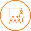 Icon illustration of a teacher and students in front of a whiteboard